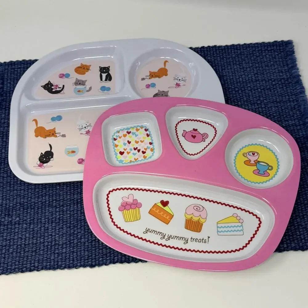 Children's Melamine Plates -Kids Plastic Dinnerware Bundle - Kitty Cats & Hearts